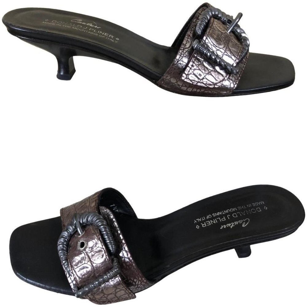 Donald Pliner Expreso Pewter Metallic Gator Leather Sandal Slide Shoe Buckle 7.5